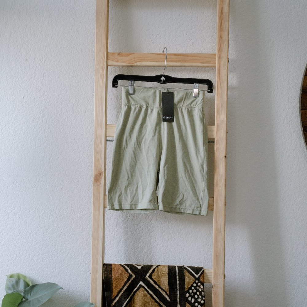 Nasty Gal High Waisted Olive Sage Green Biker Shorts Size 0